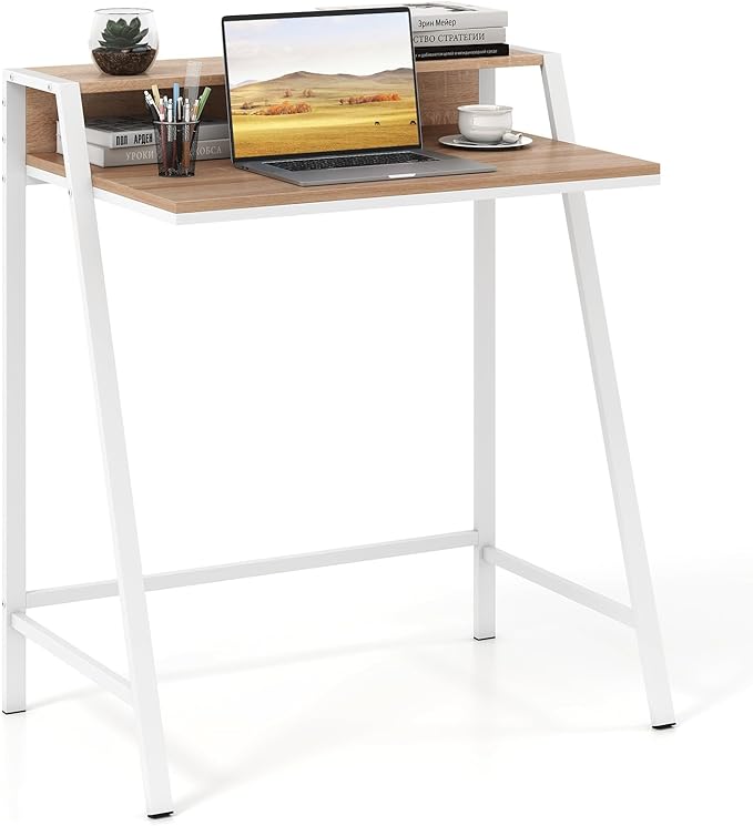 Giantex Small Computer Desk 31.5 Compact Home Office Desk with Monitor Stand &amp Sturdy Frame 2-Tier Space-Saving Study Writing Desk for Small Spaces Apartment and Bedroom (Natural)