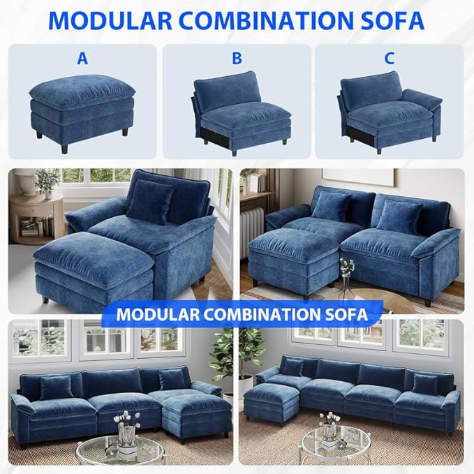 120 Sectional Sofa Chenille Fabric with Pillows and Cushion3 Seat Modern Sofa Couch for Living Room BedroomBlue
