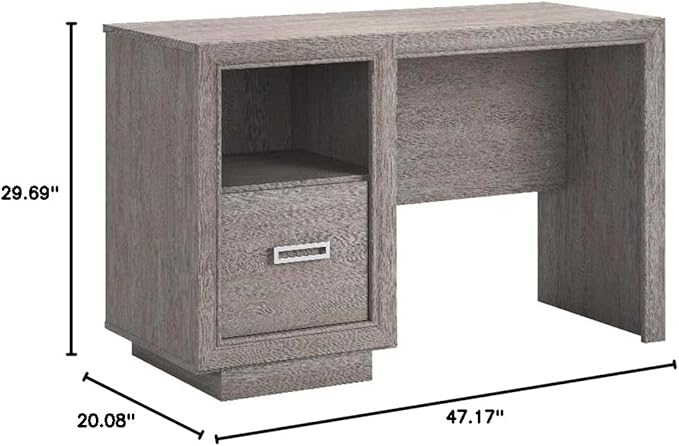 Pemberly Row Contemporary Engineered Wood Desk Ashen Oak Finish 47 in Wide with File Drawer Open Shelf Cord Management System Modern Home Office or Workspace Furniture