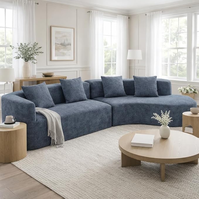 Oversized Curved Boneless Sectional Sofa Modern Floor Foam Cloud Couches for Living Room 132-Inch Right Facing Chenille Upholstered Boneless Modular Curved Sofa