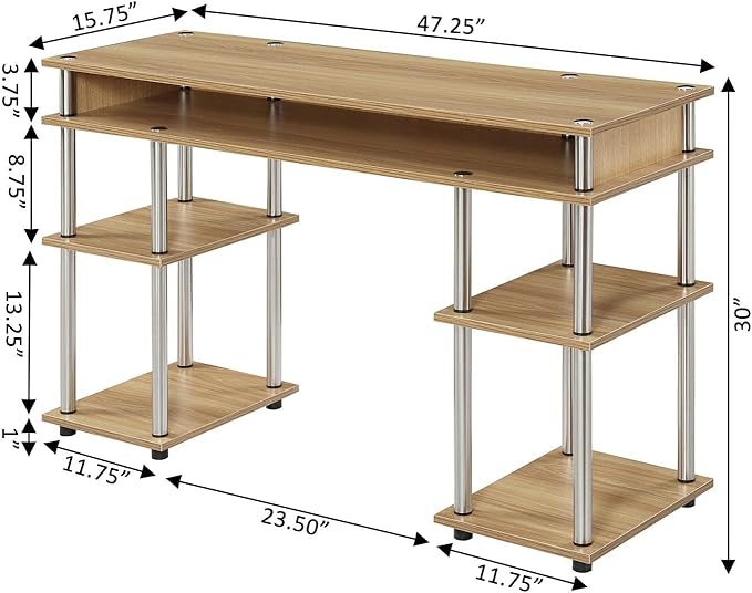 Convenience Concepts Designs2Go No Tools Desk Home Office Desk with Shelves Corner Shelf Vanity Desk Computer Desk Nail Table for Nail Tech - 47.25 L x 15.75 W x 30 H Light Oak
