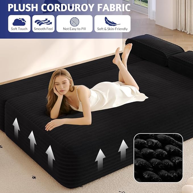 78.7 Queen Convertible Sofa Bed 2-in-1 Corduroy Folding Floor Couch with 3 Pillows Sleeper Sofa for Living Room and Bedroom No Assembly Required (Black)
