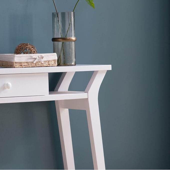 Modern White Console Work Table with One Smooth-Glide Drawer Two Spacious Side Shelves for Storage Versatile Use Compact Home Office Desk Durable Construction