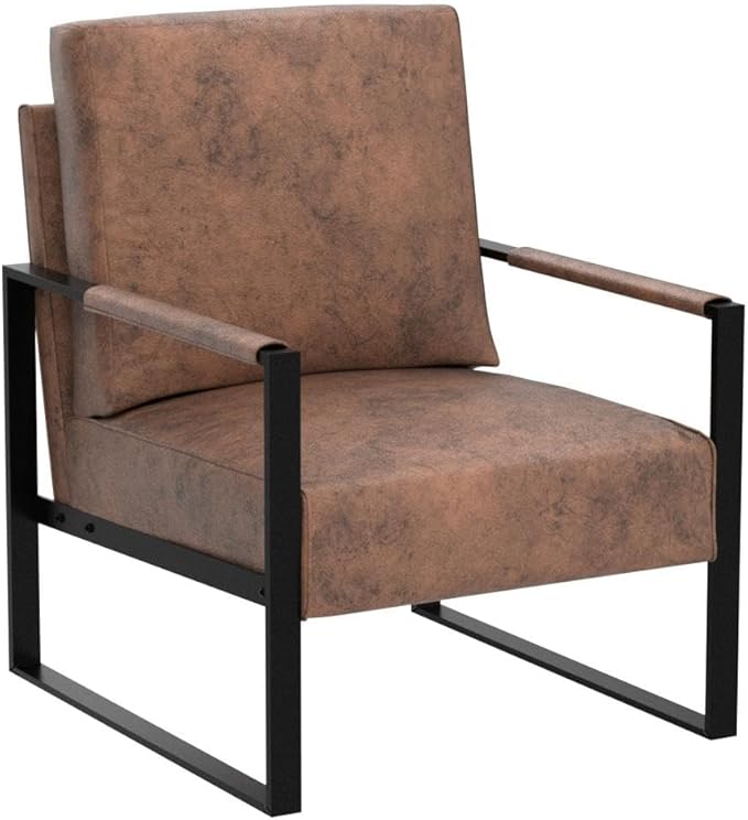 Container Furniture Classic Mid Century Modern Accent Chair with Durable Square Metal Frame Armchair for Living Room Bedroom Home Office in Spotted Microfiber Upholstery Light Brown