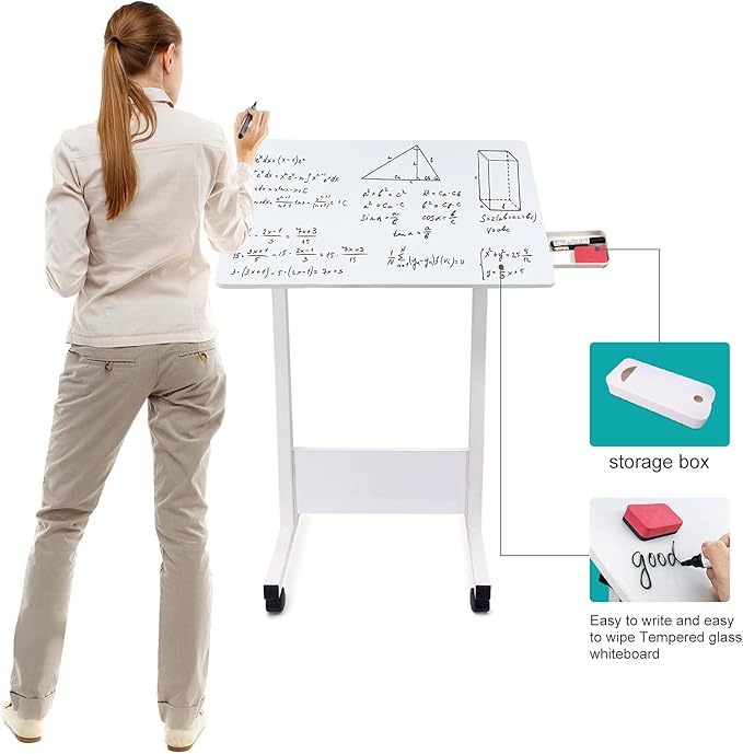 KOUPA Adjustable Height Standing Desk Writable Tempered Glass Desktop with Eraser 360° Flip Wheels – Ideal for Small Spaces and Home Offices 31 in White(Adjustable Height: 32-47 in)