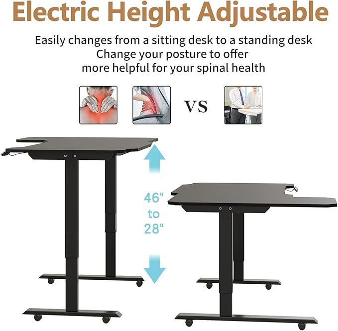 59 L-Shaped Standing Desk Height Adjustable Electric Corner Desk with Wheels Ergonomic Rising Computer Table for Home Office (Black)