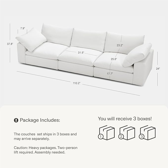 Cloud Couch Sectional 110.2'' Oversized Modular Deep Seat Sofa Comfy White Cloud Couch with Washable Cover for Living Room White 3 Seater
