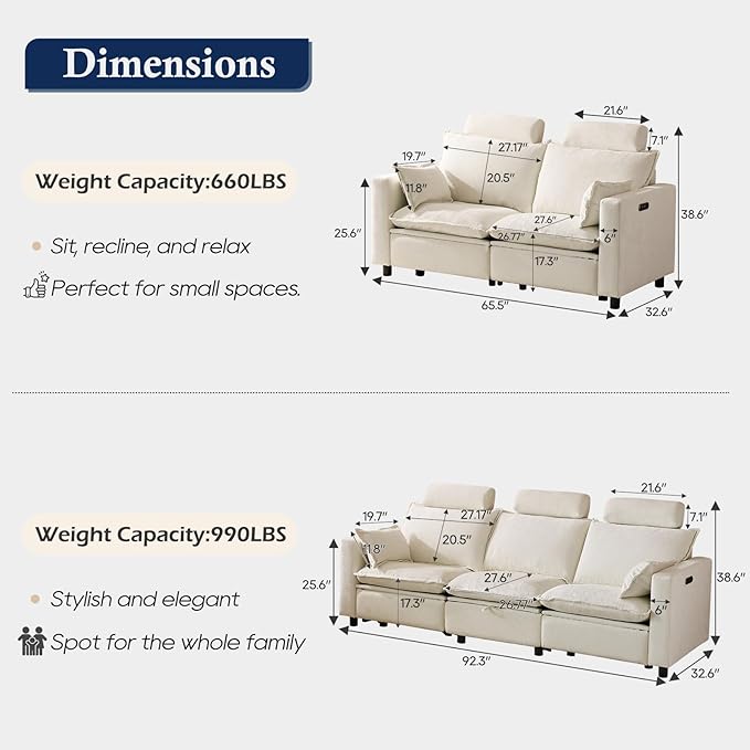 Comfy Cloud Couch – Chenille Electric Reclining Sofa with Adjustable Headrest Modern Power Recliner with Middle Storage Deep Seat Sofa with Throw Pillows for Living Room (Cream)