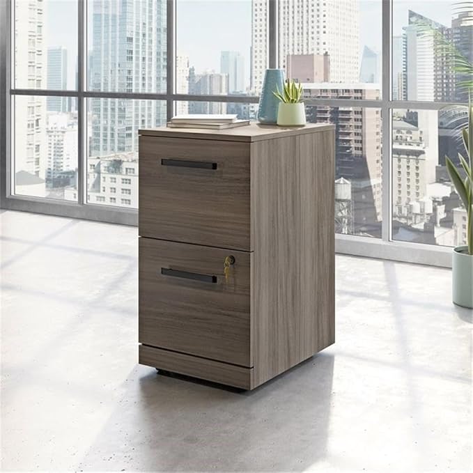 Pemberly Row Engineered Wood 2-Drawer Mobile Filing Cabinet Elm/Brown Finish 28.42 H x 15.55 W x 19.44 D Locking Drawers Hidden Casters Versatile Office Storage Solution