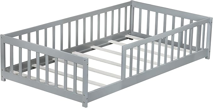 Bellemave Twin Floor Bed with Slats and Guardrails Wood Montessori Floor Beds with Fence Easy Assemble Floor Bed for Kids Girls Boys Gary