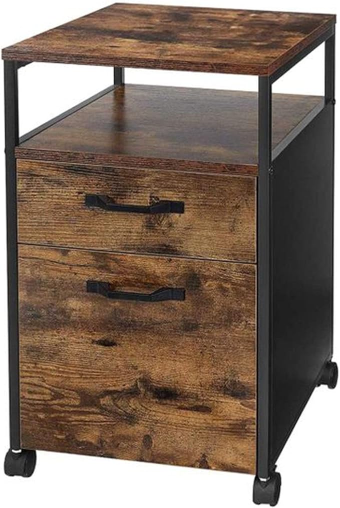 GLigeT Filing Cabinet Industrial Style Mobile File Cabinet on Wheels with 2 Drawers Open Shelf for A4 Letter Size Hanging File Folders File Storage Cabinets