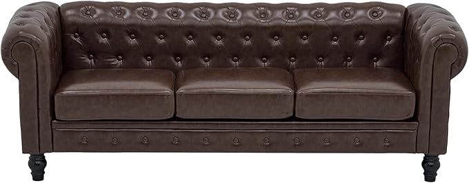 Chesterfield PU Leather Couch 3 Seater Sofa 89 Modern Luxurious Large Button-Tufted Sofa Couch Home Upholstered Deep Seat Sofa for Living Room Furniture Brown