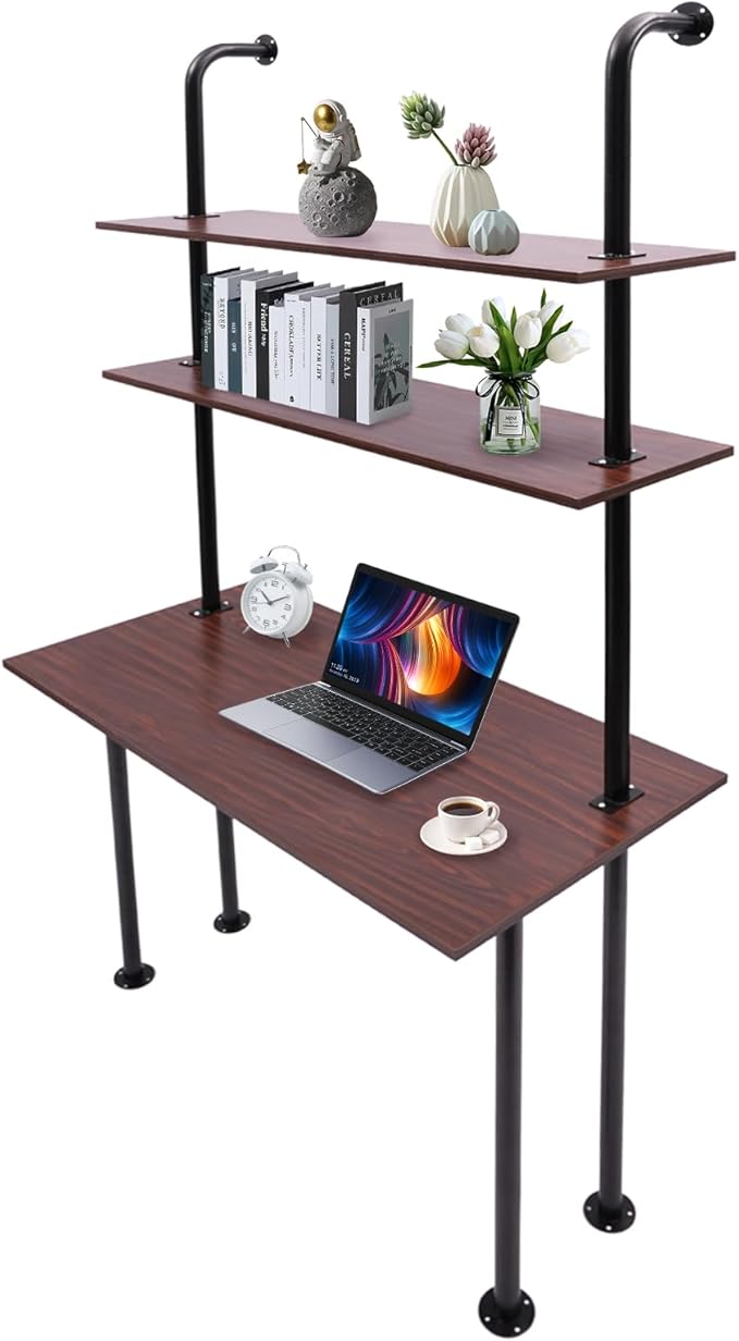 2-Shelf Industrial Wall Mount LadderWall Mount Computer Desk Writing DeskIndustrial Bookcase Desk with ShelvesFloating Desk with Storage Wall Table for Home Office Brown (20Dx30Wx72.7H)