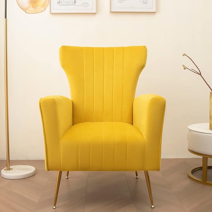 Generic Velvet Accent Chair Wingback Arm Chair with Gold Legs Upholstered Single Sofa for Living Room Bedroom Yellow