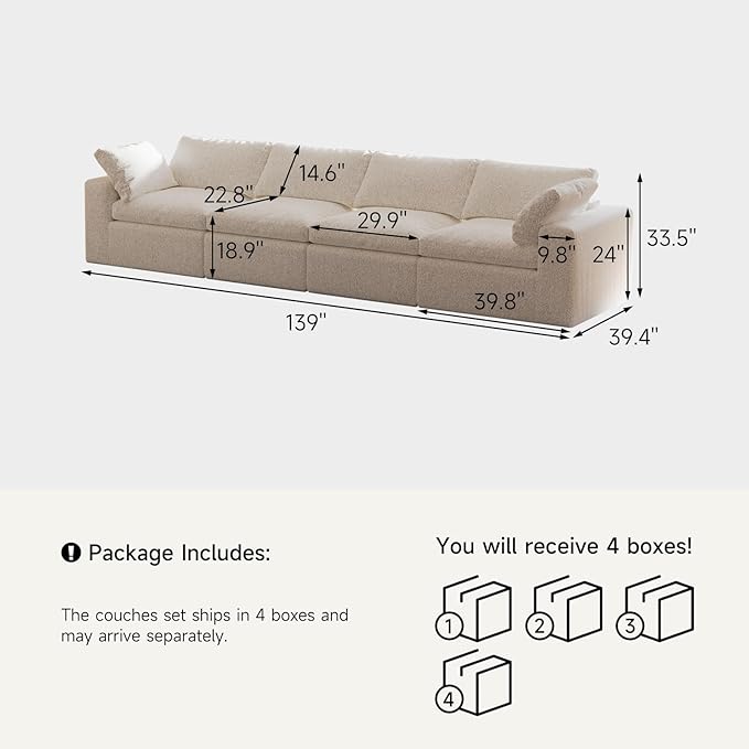 140’’ Oversized Boneless Couch for Living Room Cloud Couch Modular Sectional Free Combination with Washable Cushion Cover No Assembly Required White (4-Seat)