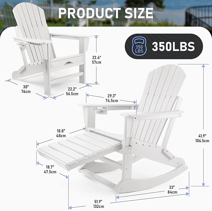 FUNBERRY Adirondack Rocking Chair Multifunctional 4-in-1 Porch Rocker with Retractable Ottoman &amp Cup Holder HDPE All Weather