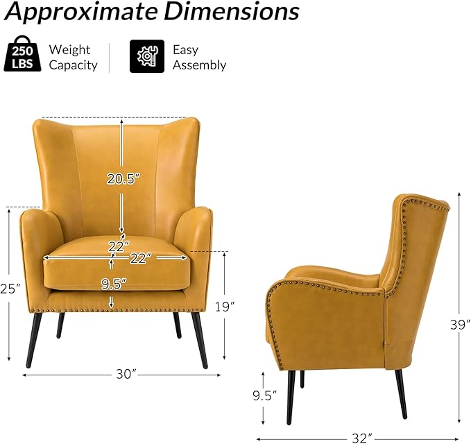 Upholstered Faux Leather Accent Chair with Black Metal Legs Comfy Armchair with Removable Cushion &amp Nailhead Trim Wingback Vanity Chair for Reading Living Room Bedroom