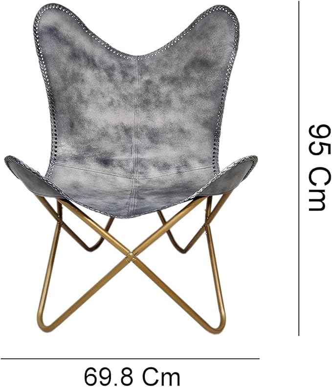 PLW Handmade Gray Leather Butterfly Chair with Ottoman – Folding Lounge Chair Set with Gold Iron Frame Vintage Accent Seating for Living Room Bedroom or Office