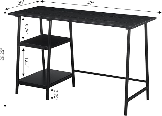 Pemberly Row Modern Trestle Wood Metal Desk Black Wood Grain Finish 47 in x 20 in x 29.25 in Particle Board and Powder Coated Metal Removable Shelves Home Office Workstation Desk