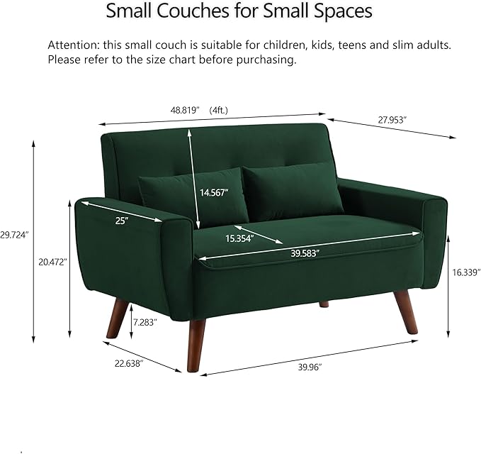 49 Small Loveseat Sofa 2 Seat Mid Century Love Seat Couch with Throw Pillows for Living Room Apartment Bedroom and Small Spaces