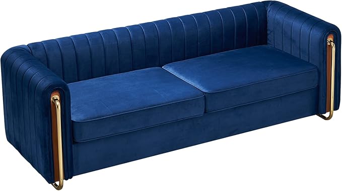 kevinplus 84.2'' Velvet Chesterfield Sofa Couch for Living Room Modern Luxury 3-Seat Upholstered Sofa Couch for Apartment Bedroom Dorm Office Strong Gold Metal Legs (Channel Backrest Blue)