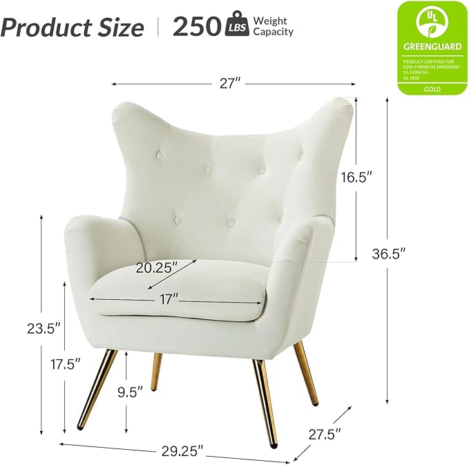 HULALA HOME Velvet Accent Chair Set of 2 Modern Wingback Arm Chair with Metal Gold Legs Velvet Tufted Upholstered Single Sofa(Ivory)
