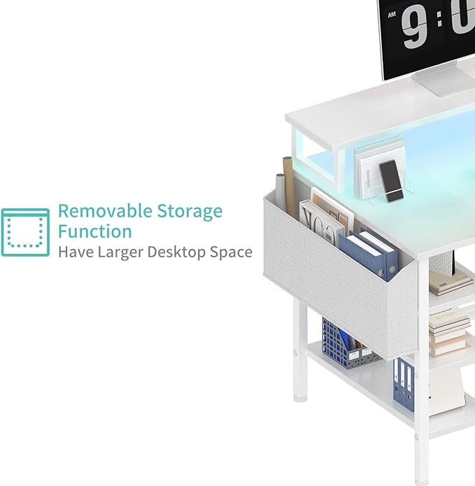 Lufeiya White Desk with Storage Shelves - 47 inch Home Office Gaming Desk with Monitor Stand Computer Desk with LED Lights and Power Outlets White