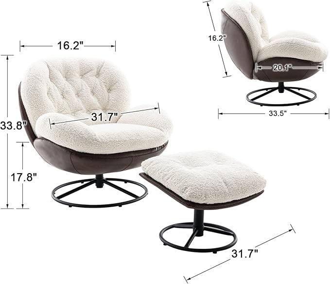 Modern Accent Chair with Ottoman Fluffy Faux Fur Upholstered Swivel Lounge Chair with footrest Comfy Tufted Armchair with Metal Heavy Duty Base for Living Room Bedroom Reading Chair White