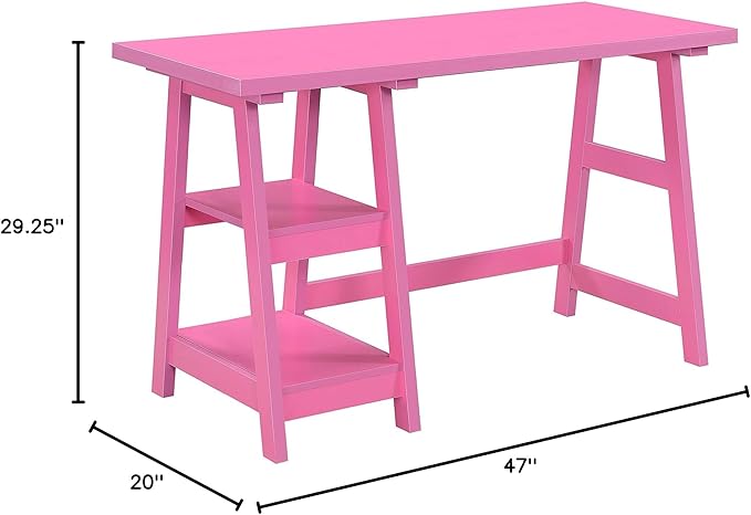 Convenience Concepts Designs2Go Trestle Desk 47 - Modern Desk or Vanity with Shelves for Office Dorm Living Room Pink