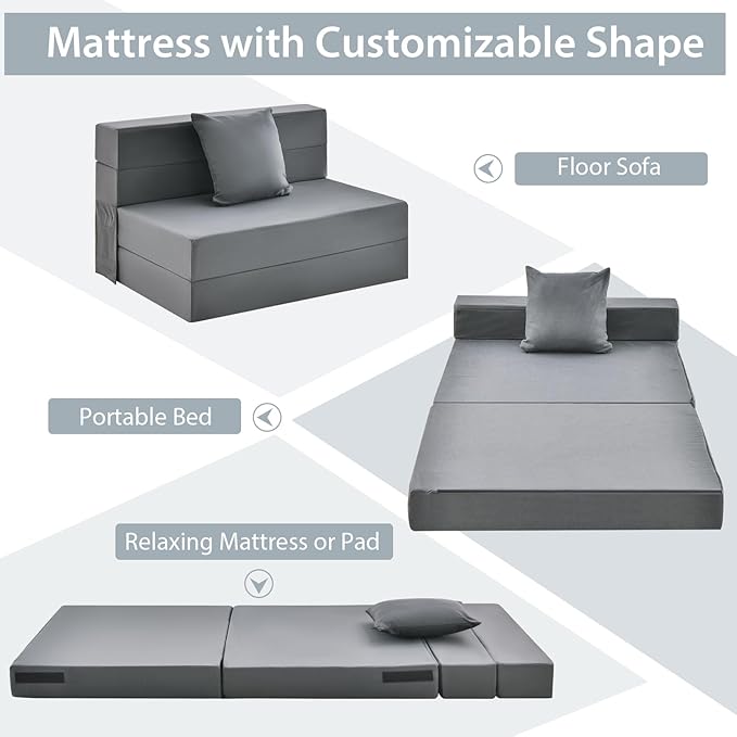 Giantex 6 Inch Folding Sofa Bed Couch with Pillow Tri-fold Mattress with High-Density Foam Foldable Floor Couch with Headrest Portable Guest Bed with Zippered &amp Washable Cover Dark Grey