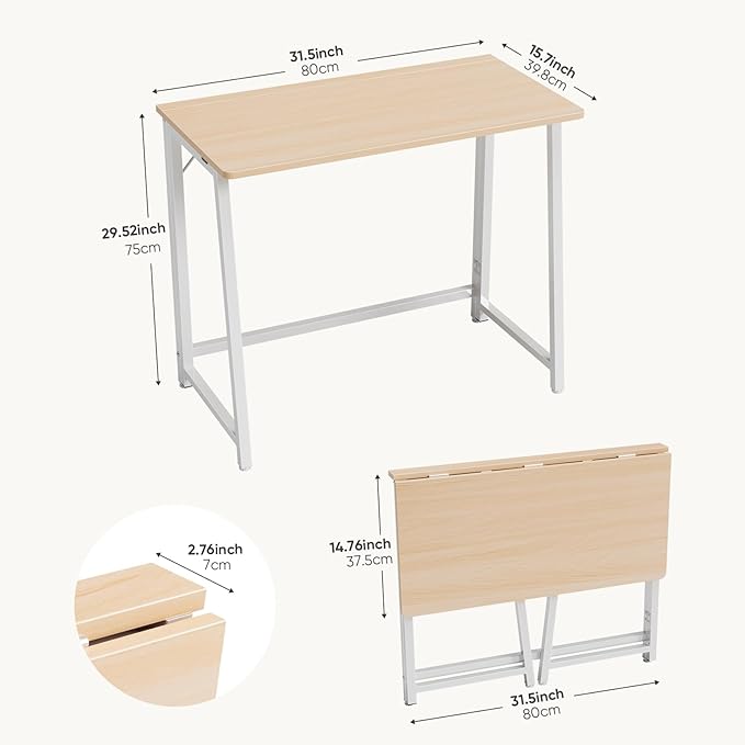 DUMOS 31.5 Inch Folding Desk Foldable Computer Table for Small Spaces Metal Frame Gaming Writing Work Station Mini Home Office Surface Oak