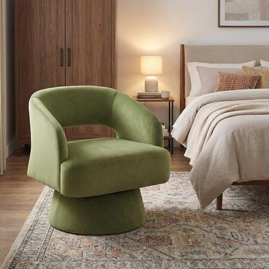 Comfy Swivel Barrel Chair for Living Room - Modern Upholstered Accent Chair with Teddy Fleece Hollowed Back &amp 360° Swivel Base Small Round Chair for Bedroom Reading Nook Office Green