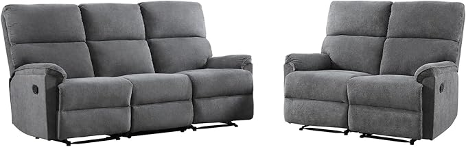 EBELLO Fabric Manual Reclining Sofa Set Recliner Loveseat and 3 Seat Sofa Couch with Sturdy Robust Metal Base 5 Seats for Small Living Room Bedroom and Meeting Room Grey