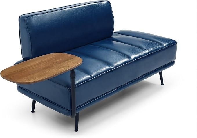 55 Modern Faux Leather Loveseat with 360° Swivel Side Table Mid-Century Tufted 2-Seater Sofa Bench for Living Room Entryway with Metal Legs and Backrest