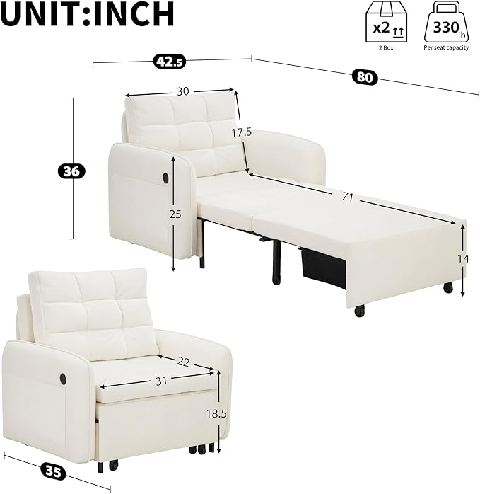 3-in-1 Convertible Sleeper Chair Bed Multi-Functional Chenille Single Sofa Bed with Storage Pockets and Box 80 Extra Long Pull Out Sleeping Lounge Chair for Living Room &amp Apartment (Beige35)