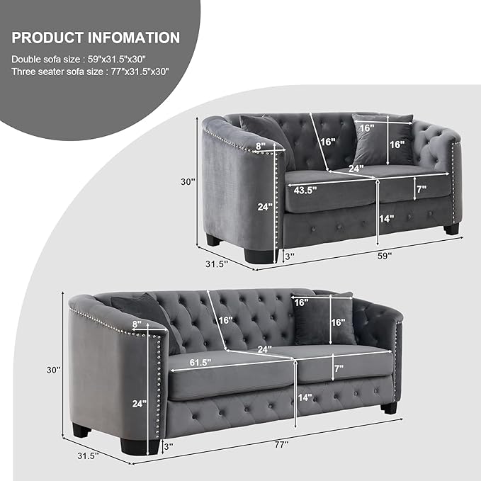 2 Piece Modern Chesterfield Velvet 77 3-Seater+59 Loveseat Sofa Set Upholstered Tufted Backrests with Nailhead Arms and 4 Cushions for Living Room Bedroom ApartmentGrey