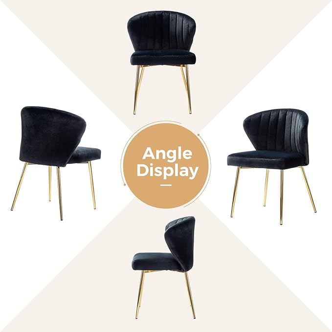 HULALA HOME Dining Chairs Set of 2 Velvet Upholstered Kitchen &amp Dining Room Chairs with Metal Legs Vanity Chair Armless Side Chairs for Living Room Bedroom Restaurant Channel Curved Backrest Bla