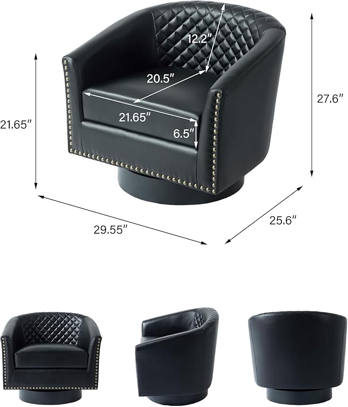 Swivel Barrel Accent Chair Comfy Modern Upholstered Round Faux Leather Arm Chair for Living Room Bedroom（Black Set of 4