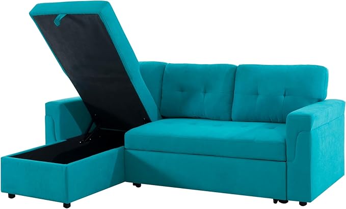 Naomi Home 85 in. Convertible Sofa with Storage Reversible L Shape Sofa Couch with Chaise Comfy Couches for Living Room Teal/Velvet