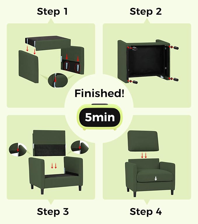 Sofa Reading Chair33 Accent Chair for Bedroom Tool-Free Setup Living Room Accent Chairs Comfy Arm Chairs Living Room All-Wood Reading Nook Green