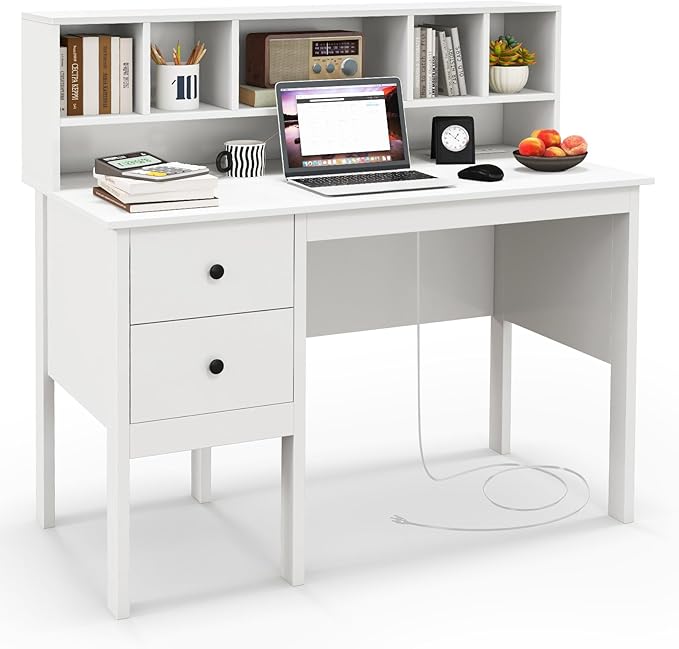 LDAILY Modern Home Office Desk with Hutch Office Desk with USB Charging Ports and Power Outlets Computer Desk with 5 Storage Cubbies and 2 Drawers Writing Study Desk for Bedroom (White)