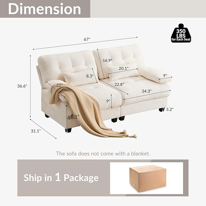 KEIKI 67 Loveseat Chenille Modular Sectional Couches with 4-Position Adjustable Backrest &amp 2 Throw Pillows Comfy Couch Sofa for Living Room Apartment Indoor 350lb/Seat