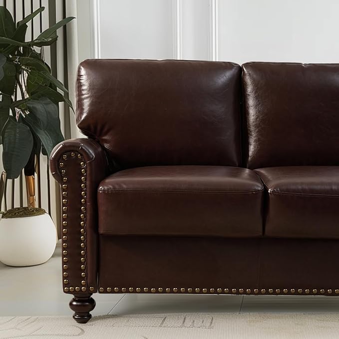 80 Faux Leather Sofa with Storage Mid-Century Modern Rolled Arm Couches for Living Room Furniture Nailhead Trim Easy Tool-Free Assembly Dark Brown
