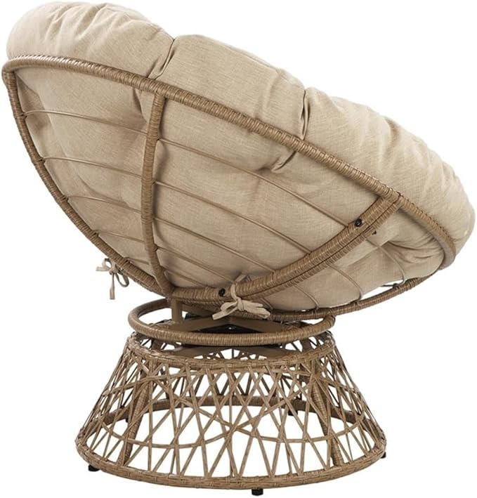 Pemberly Row Papasan Chair Cream Round Pillow Cushion Natural Resin Wicker Weave Metal Frame 360° Swivel 40 W x 36 D x 35.25 H Accent Chair for Living Room Family Room or Dorm