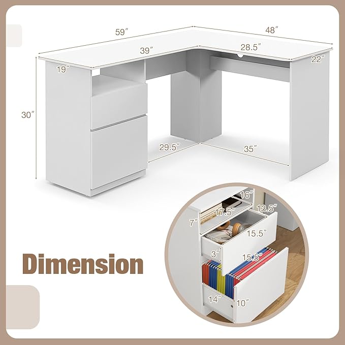 Tangkula 59” L-Shaped Desk with 2 Storage Drawers Corner Computer Desk with File Drawer &amp Open Shelf Computer Workstation with 2 Cable Management Holes Space-Saving Executive Office Desk (White