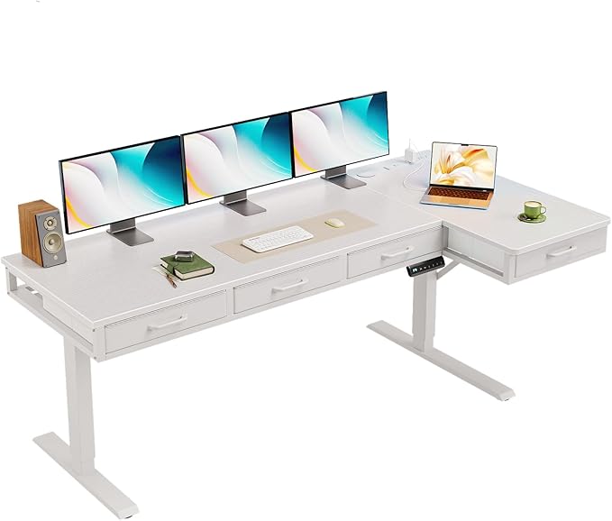 OffiGo 63 Inch L Shaped Electric Standing Desk with Drawers Height Adjustable Large Desk with Power Outlets Sit Stand Table Writing Computer Desk for Home Office WorkstationWhite