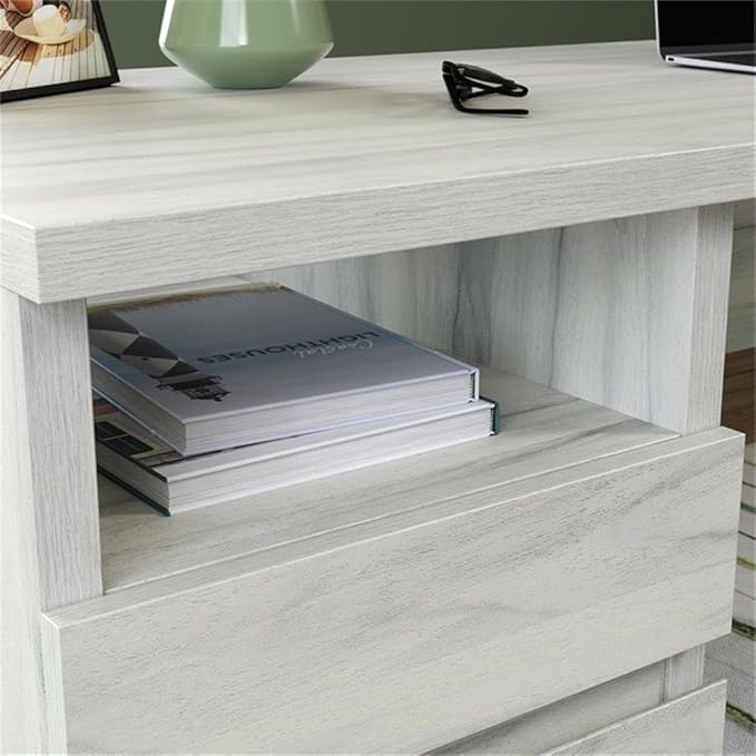 Pemberly Row Engineered Wood Desk 52 in Wide Haze Acacia Natural Finish Single Pedestal with Storage Drawers and Open Shelf Modern Home Office Desk for Organization and Workspace