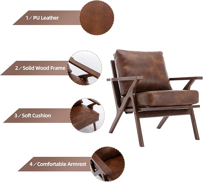 INZOY Mid-Century Modern Accent Chair Set of 2 PU Leather Living Room Chair and Soft Thick Padded Armchair for Living Room Bedroom Reception with Removable Upholstered Cushions Reddish Brown