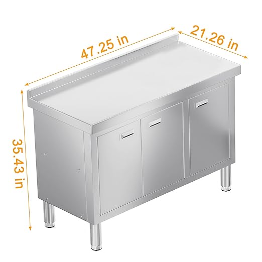 WWK 47 x 21 Stainless Steel Prep Table with Cabinet Commercial Kitchen Table for Prep &amp Work Heavy Duty Work Table with 3 Doors for Kitchen Restaurant Hotel Garage and Cafe
