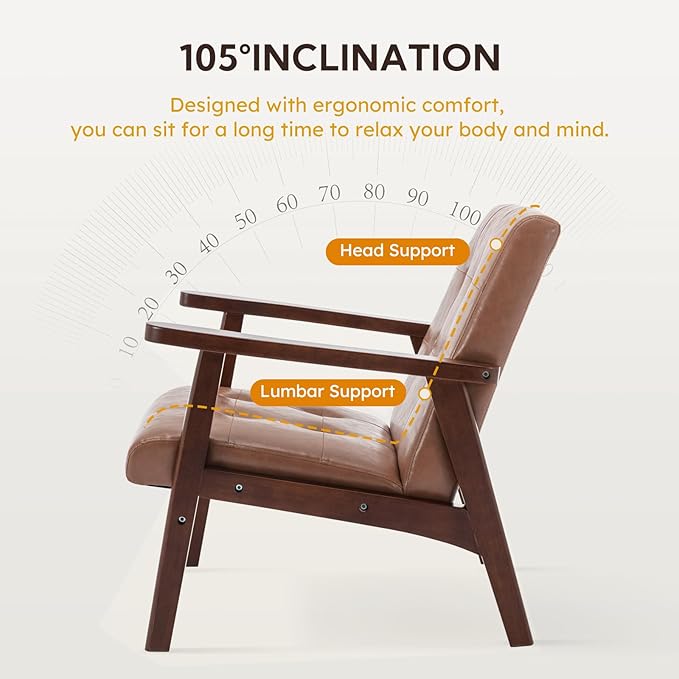 Bonzy Home Mid Century Modern Accent Chair for Living Room Upholstered Faux Leather Armchair Comfy Retro Bedroom Side Chair with Solid Wood Frame Orange